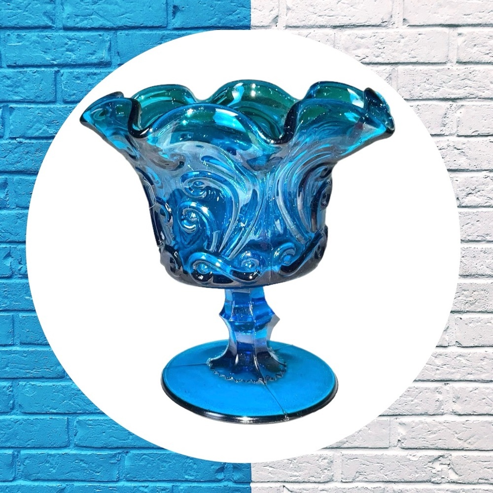 LE Smith Vintage Mid Century Blue Atterbury Scroll Pedestal Candy Compote Dish